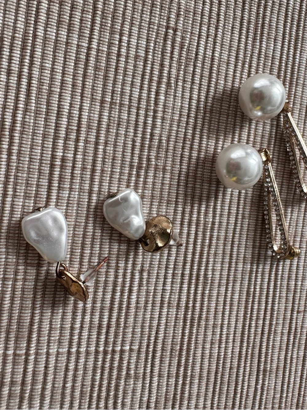 2 PAIRS Pearl Drop Stud Earrings - White Faux Pearl with Gold Accents